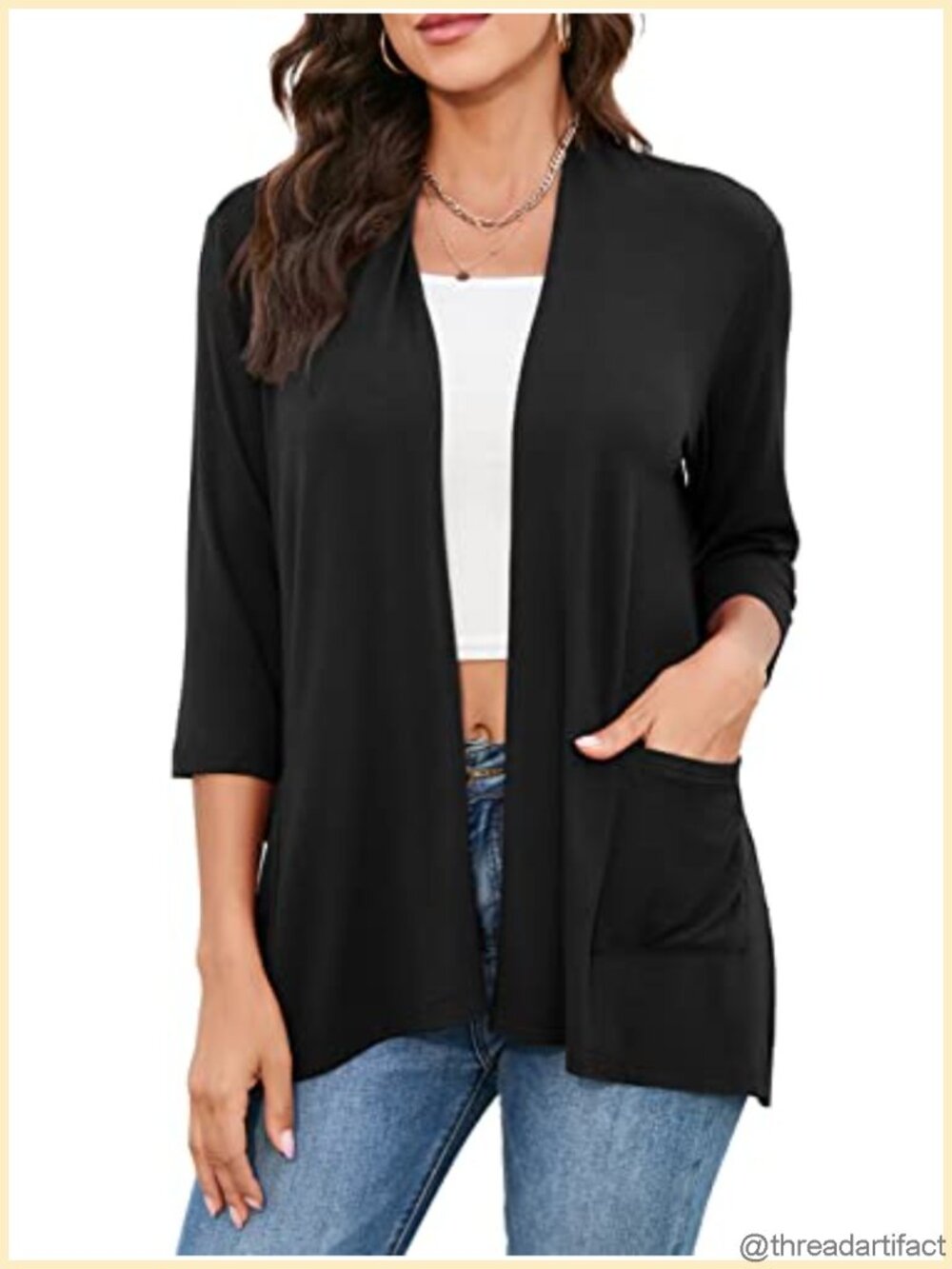 Womens Lightweight Open Front Cardigan with Pockets 3/4 Sleeve Duster